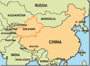 Map of China highlighting Xinjiang